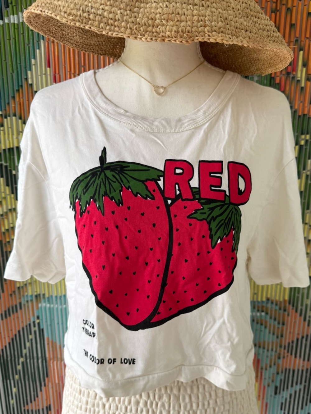 FARM Rio White Tee with Red Strawberry Graphic